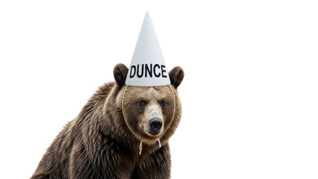 bear wearing a dunce cap hat, dim, dumb, stupid, on a white background, animal photo
