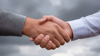 Two people shaking hands against a cloudy sky symbolizing a successful business agreement and partnership