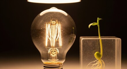 Illumination of Growth: A dynamic composition capturing the symbiosis of technological progress and natural life, with a delicate seedling flourishing under the luminous glow of a vintage lightbulb. 