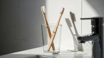 Eco-Friendly Toothbrushes in Morning Light: Two bamboo toothbrushes stand gracefully in a clear glass, bathed in the soft glow of natural light.