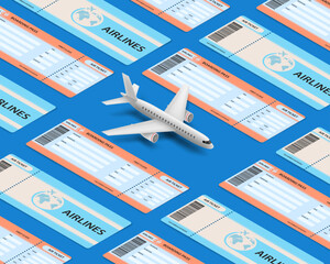 Airplane model among many airline tickets. Isometric projection. Vector illustration.