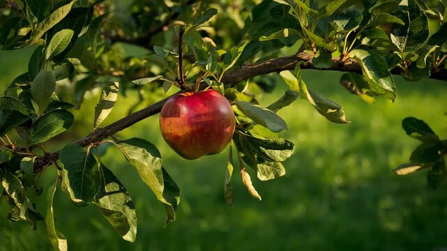 Close-up of a glossy red apple hanging from a branch surrounded by green leaves captured in soft natural light with a blurred background of grass progressing through different angles