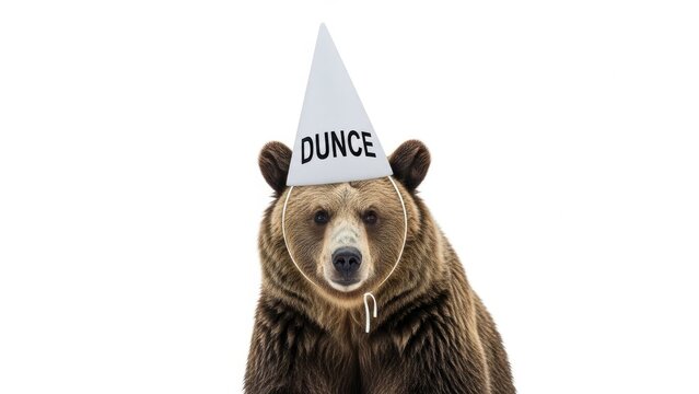 bear wearing a dunce cap hat, dim, dumb, stupid, on a white background, animal photo