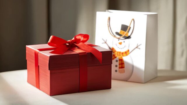 Close-up of a beautifully wrapped red gift box with a bow beside a festive snowman gift bag on a table illuminated by soft natural light showcasing warm colors and textures in an indoor setting