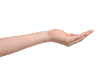 Fototapeta premium Woman asking for something on white background, closeup