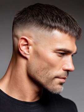 Close-up portrait of a man showcasing a stylish fade haircut and facial stubble. Modern grooming and hairstyle concept.