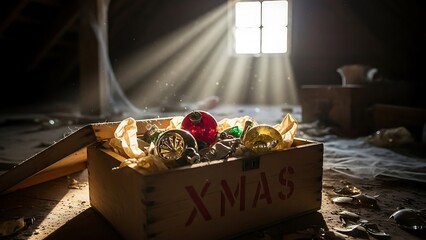 Vintage wooden box labeled XMAS filled with colorful glass ornaments sitting in a dusty, dimly lit attic with sunlight streaming through a window, evoking nostalgia and memory.