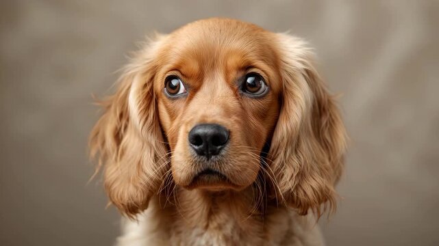 Close-up brown spaniel puppy gazing at camera in studio portrait