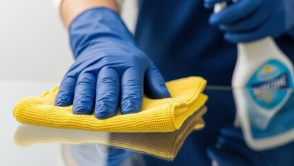 Cleaning: A close-up shot of a hand in a blue glove, meticulously wiping down a surface with a yellow microfiber cloth, showcasing the act of cleaning, health and hygiene