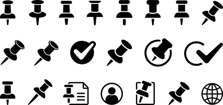 Collection of black thumbtack and pushpin icons with checkmark and document symbols
