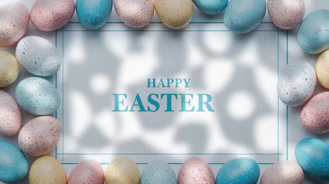 Pastel Easter eggs framing a greeting card with moving dappled light