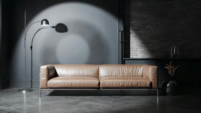Modern leather sofa revealed by moving floor lamp spotlight in moody living room
