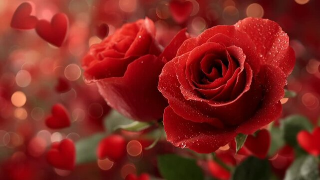Rosas rojas con corazones en movimiento en el fondo, concepto celebraciones romanticas. San Valent&iacute;n, dia de la madre, aniversarios y cumplea&ntilde;os