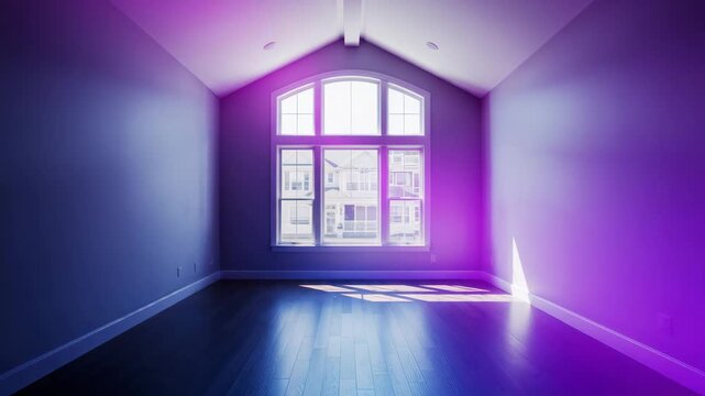 Empty modern room with arched window and shifting purple lighting copy space