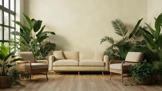 Natural light moving across modern living room with sofa and lush indoor plants