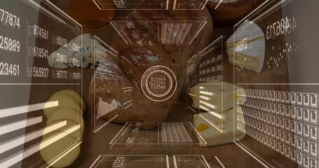 HUD appearing over wood board with bread, cheese forming tunnel filling grid fading revealing food - Powered by Adobe