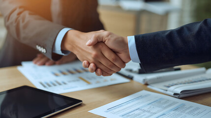 Two business professionals finalize an agreement with a firm handshake during an important meeting