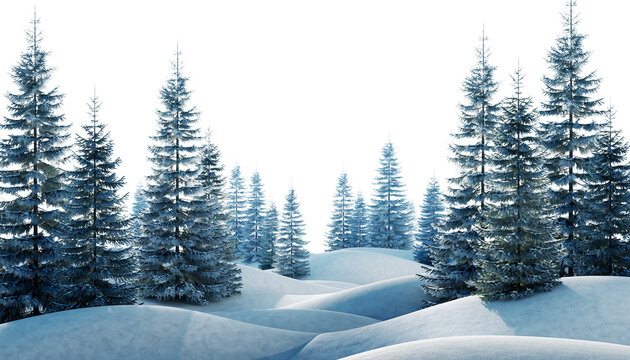 Winter snow forest landscape with pine trees on white background PNG