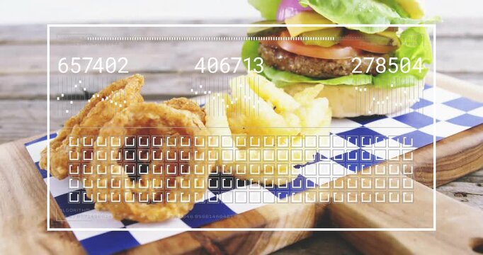 HUD appearing, icons animating over fries, onion rings and burger, camera zooming, revealing layers
