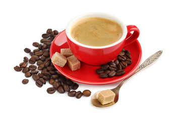 Aromatic coffee in cup, beans and brown sugar isolated on white