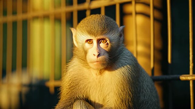 Sunlit monkey portrait in enclosure at golden hour