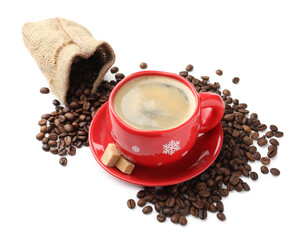 Aromatic coffee in cup, beans and brown sugar isolated on white