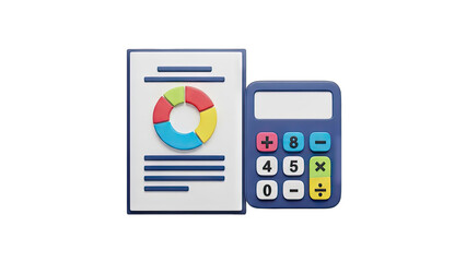Blue Calculator And Financial Pie Chart Report On White Paper With Dark Blue Lines and Borders Isolated On Transparent Background