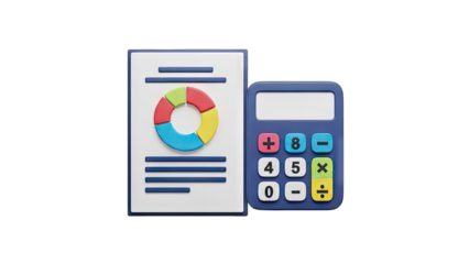 Blue Calculator And Financial Pie Chart Report On White Paper With Dark Blue Lines and Borders Isolated On Transparent Background