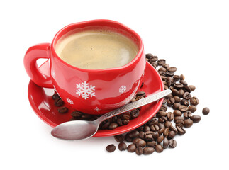 Aromatic coffee in cup and beans isolated on white