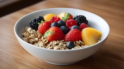 A vibrant bowl of granola topped with fresh mixed berries and orange segments on a wooden table