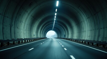 empty illuminated highway tunnel with smooth asphalt and bright exit light in clean symmetrical perspective