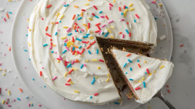 Slice being lifted from frosted layer cake with colorful sprinkles