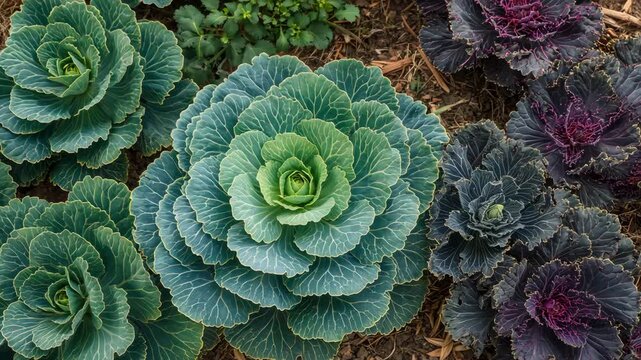 Ornamental cabbage and purple kale close-up in outdoor garden bed