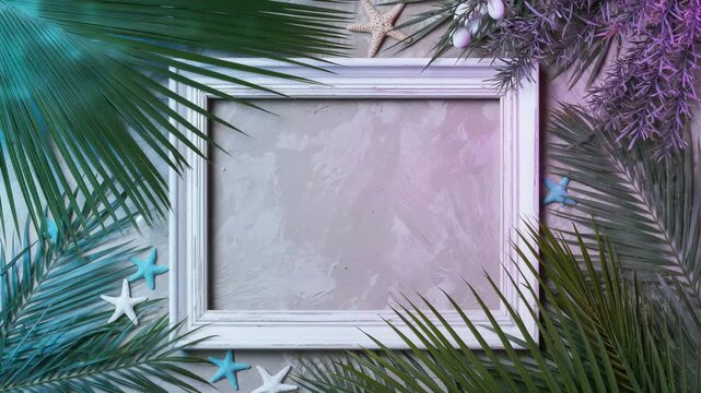 Blank white frame with tropical leaves and seashells for summer background