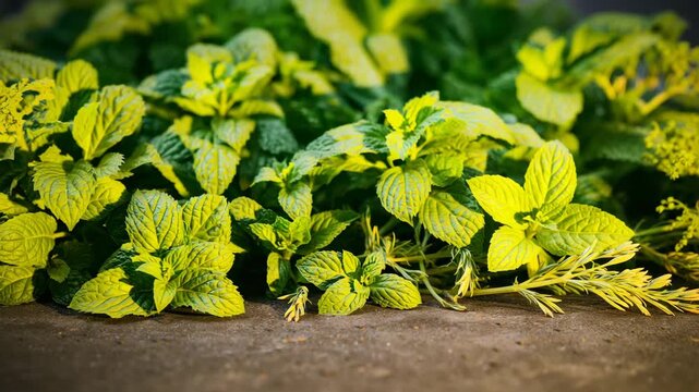 Close-up time-lapse of fresh mint and rosemary leaves changing color on rustic surface