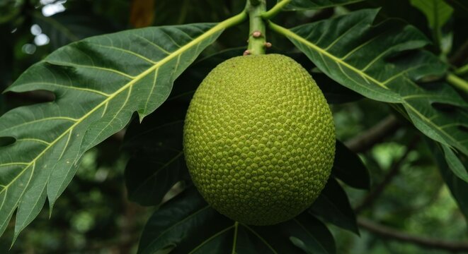 Close-up of a breadfruit hanging from a tree branch with large leaves