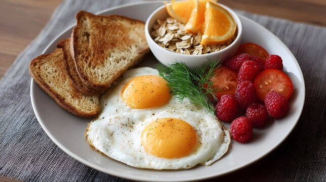 A healthy and colorful breakfast plate with fried eggs toast oatmeal berries and fruit
