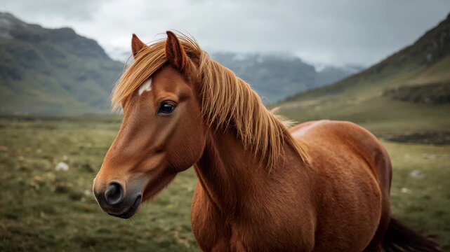 Chestnut horse turning head in mountain pasture on cloudy day