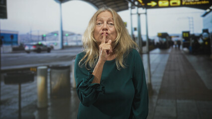 Senior blonde woman finger to lips for silence at airport terminal dropoff lane near bollards and...