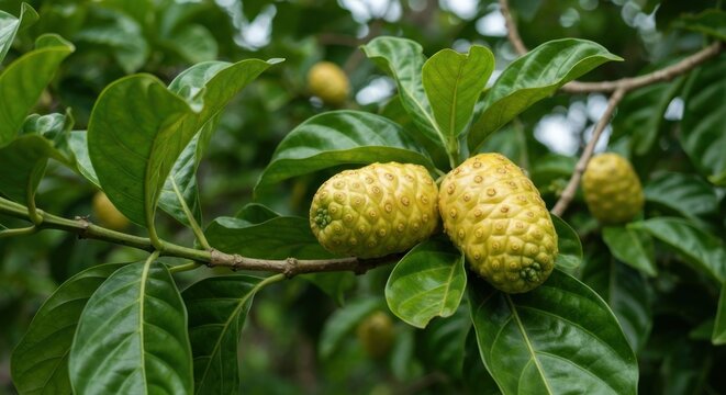 Closeup of a noni tree branch with ripe fruit and lush green leaves
