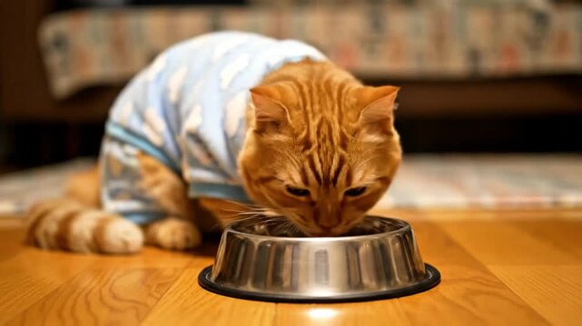 Minimalist Pet Accessories on Clean Background Adorable Orange Tabby Cat Eating from Bowl, Cozy and Comforting