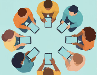 Diverse group of people, including black man, caucasian woman, and asian man, sitting around a table using digital tablets, collaborating during a modern meeting or study session