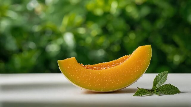 Cantaloupe slice with mint on white table against leafy bokeh background
