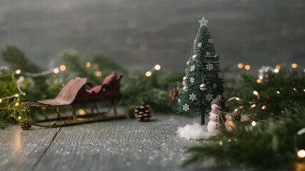 Slow pan over decorated mini Christmas tree and sled on snowy tabletop with twinkling lights - Powered by Adobe
