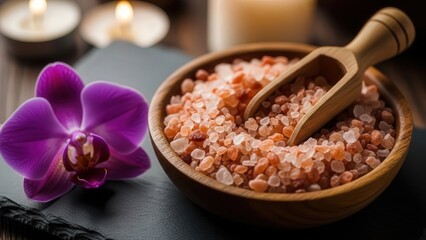 Spa Day Still Life: A tranquil spa still life, featuring a bowl of pink Himalayan salt and a vibrant orchid blossom, creating a sense of calm and luxury. 