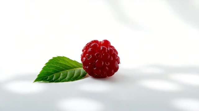 Close-up fresh raspberry with leaf rotating on white background in natural light
