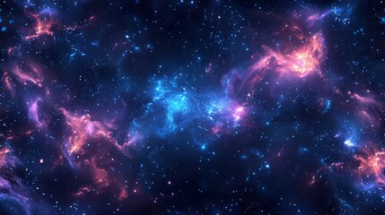 Naklejka premium A vibrant cosmic background of a colorful nebula in deep space. Glowing blue and pink interstellar gas and dust clouds in a star-filled galaxy