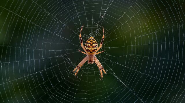 Macro close-up of orb-weaver spider on intricate web with green bokeh background