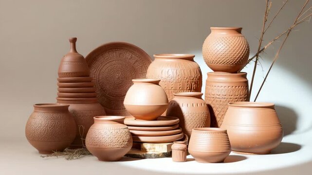 Handmade terracotta pottery collection showcased in studio with moving sunlight