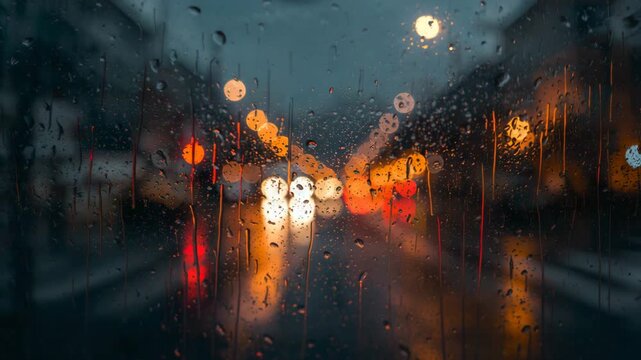 Rain on car windshield with blurred headlights on a wet city street at night